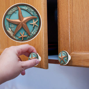 Bouton De Porte En Céramique Poisson de cuivre et d'étoile turquoise