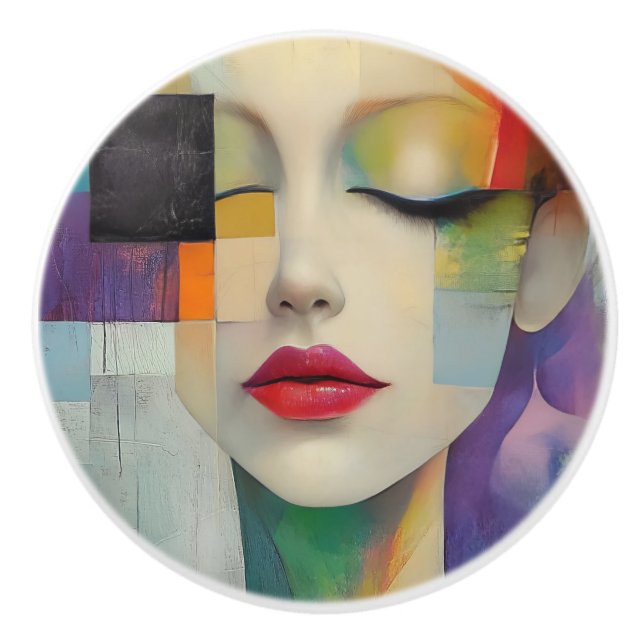 Bouton De Porte En Céramique Portrait dans le surréalisme des blocs de couleurs (Devant)