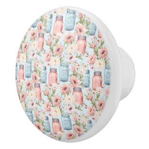 Bouton De Porte En Céramique Pots de Mason rose et bleu Floral en céramique Tir