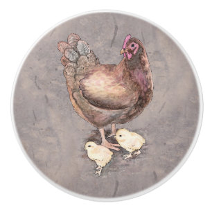 Bouton De Porte En Céramique Poule de mère et aquarelle de poussins