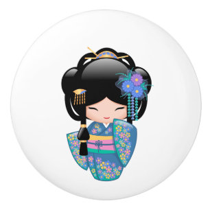 Bouton De Porte En Céramique Poupée Keiko Kokeshi - Blue Kimono Geisha Girl