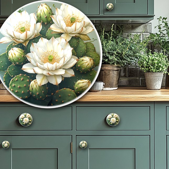 Bouton De Porte En Céramique Pretty Cactus White Flowers (Créateur téléchargé)