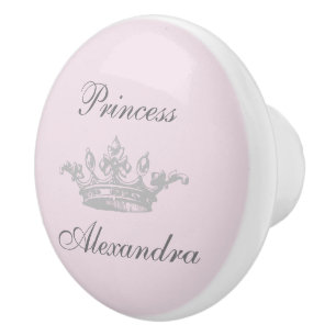 Bouton De Porte En Céramique Princesse vintage Couronne rose et gris Nom person