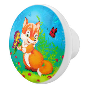 Bouton De Porte En Céramique renard et papillon