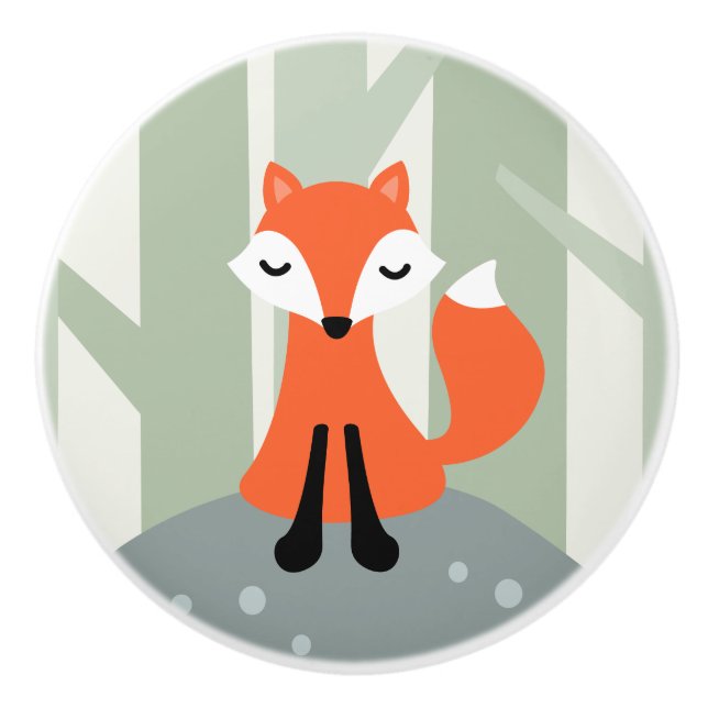 Bouton De Porte En Céramique Renard mignon se reposant sur la roche de forêt (Devant)