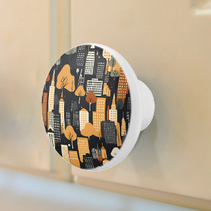 Bouton De Porte En Céramique Retro Cityscape rouille tan noir