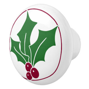 Bouton De Porte En Céramique Retro Holly Berries III, Red Trim
