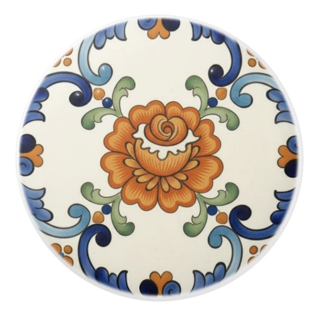 Bouton De Porte En Céramique Rose Flower Mediterranean Blue Orange Cream (Devant)