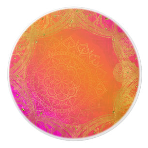 Bouton De Porte En Céramique Rose Fuchsia Orange & Or Mandala Glamour
