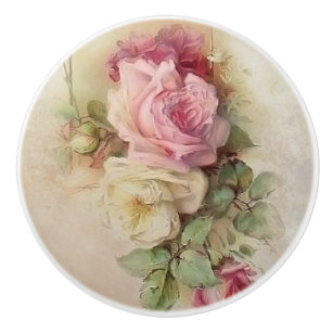 Bouton De Porte En Céramique Roses de style vintage peint à la main