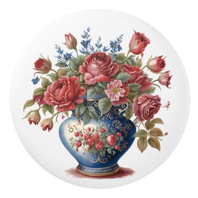 Bouton De Porte En Céramique Roses élégants dans Vase (Devant)