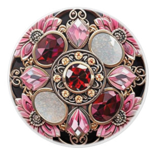 Bouton De Porte En Céramique Rouge Floral Rubis avec Argent Orné