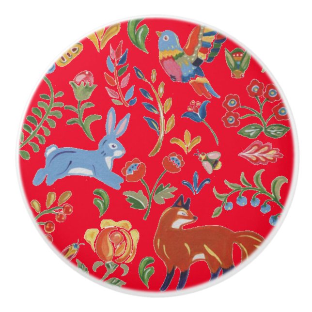 Bouton De Porte En Céramique Rustique Rouge Folk Art Animaux Fleurs Jolies Colo (Devant)