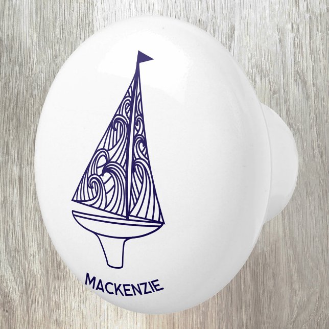 Bouton De Porte En Céramique Sailing Boat Personalized Name (Personalized sailing boat yacht boat or name ceramic door pull or knob for boat, beach or lake house)