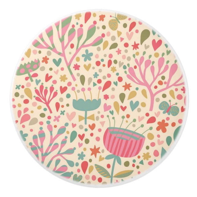 Bouton De Porte En Céramique Schéma floral clair (Devant)