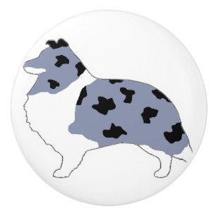 Bouton De Porte En Céramique shetland sheepdog bleu merle et blanc silo