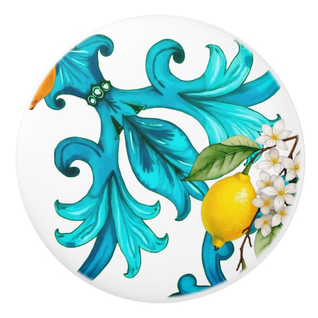Bouton De Porte En Céramique sicilien, été, citron, mosaïque, bleu, (Devant)