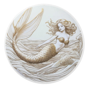 Bouton De Porte En Céramique Sirène or et blanc & Vagues océaniques Face droite