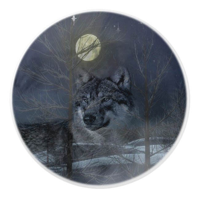 Bouton De Porte En Céramique Soirée Wolf Spirit Moon (Devant)