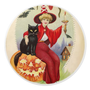 Bouton De Porte En Céramique Sorcière vintage d'Halloween et chat noir
