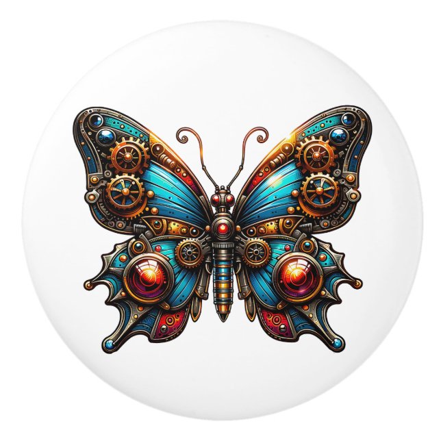 Bouton De Porte En Céramique Steampunk Gears and Butterfly  (Devant)