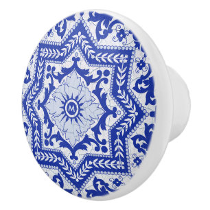 Bouton De Porte En Céramique Style azulejo en céramique craquée bleue Azulejo V