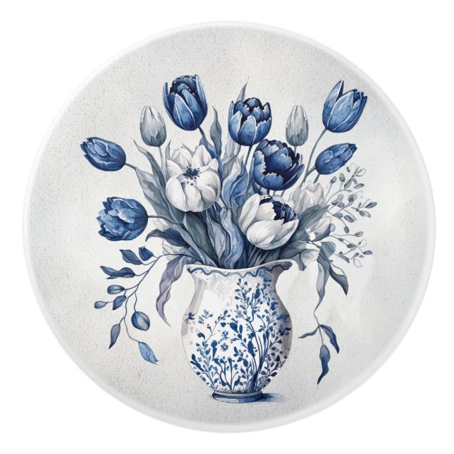 Bouton De Porte En Céramique Style bleu et blanc Delft bouquet de tulipe design (Devant)
