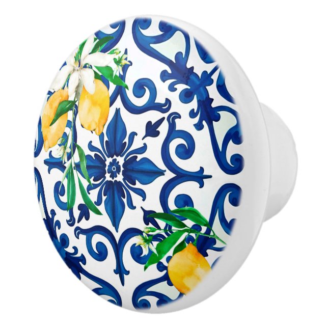 Bouton De Porte En Céramique style italien, mosaïque, bleu, citron, (Droite)