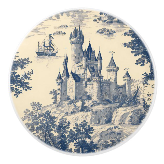 Bouton De Porte En Céramique Toile Bleue Château Français (Devant)