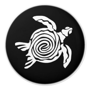 Bouton De Porte En Céramique Tortue de mer noire et blanche Tropical