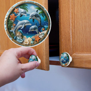 Bouton De Porte En Céramique Trésors de marée Dauphins