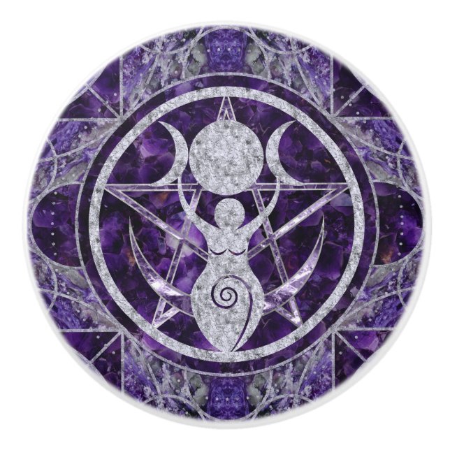 Bouton De Porte En Céramique Triple Moon - Déesse - Améthyste et Argent (Devant)