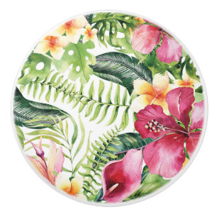 Bouton De Porte En Céramique Tropiques chics floraux d'île de feuille tropical