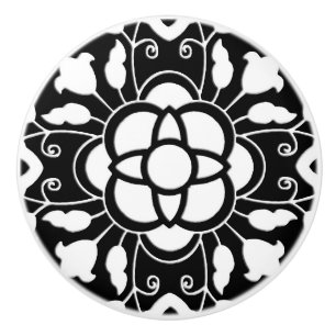 Bouton De Porte En Céramique Tuile marocaine florale, noire et blanche