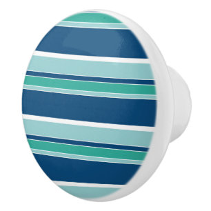 Bouton De Porte En Céramique Turquoise Blue Seafoam Green White Stripes Motif