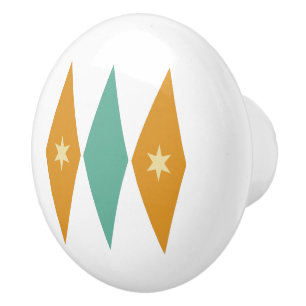 Bouton De Porte En Céramique Turquoise Orange Diamonds Crème Étoiles Mid Mod