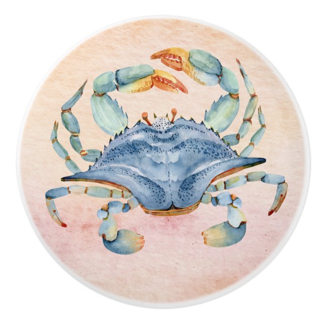 Bouton De Porte En Céramique Une belle aquarelle bleu crabe belle coquille (Devant)
