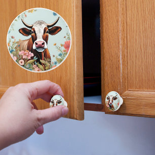 Bouton De Porte En Céramique Vache d'élevage en fleurs