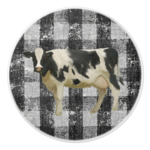 Bouton De Porte En Céramique Vache d'élevage rustique noir et blanc En vichy v