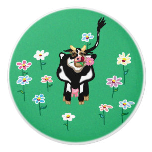 Bouton De Porte En Céramique Vache laitière dans un champ de fleurs