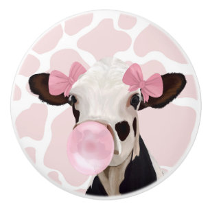 Bouton De Porte En Céramique Vache rose qui souffle du bubble gum girly