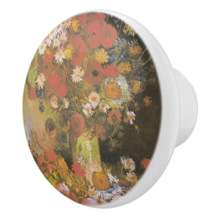 Bouton De Porte En Céramique Vase avec des fleurs de maïs&poppies, des pivoines
