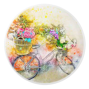 Bouton De Porte En Céramique Vélo et fleurs