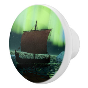 Bouton De Porte En Céramique Viking Navire Et Lumières Du Nord
