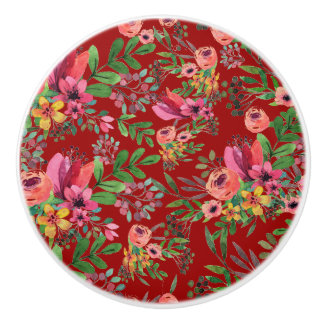 Bouton De Porte En Céramique Vintage Élégant Rouge Floral Ceramic Pull