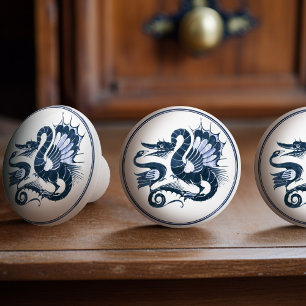 Bouton De Porte En Céramique Vintage Hollandais Delft Blue Dragon Bird Battle M