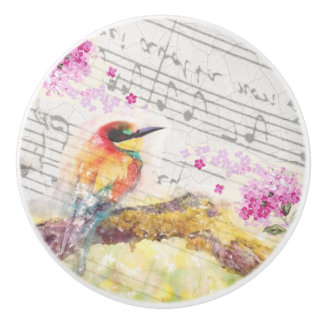 Bouton De Porte En Céramique Vintage oiseau sur les fleurs roses de l'arbre déc