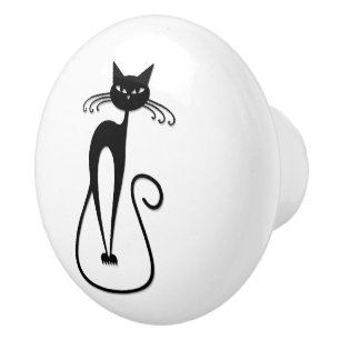 Bouton De Porte En Céramique Whimsical Skinny Chat noir