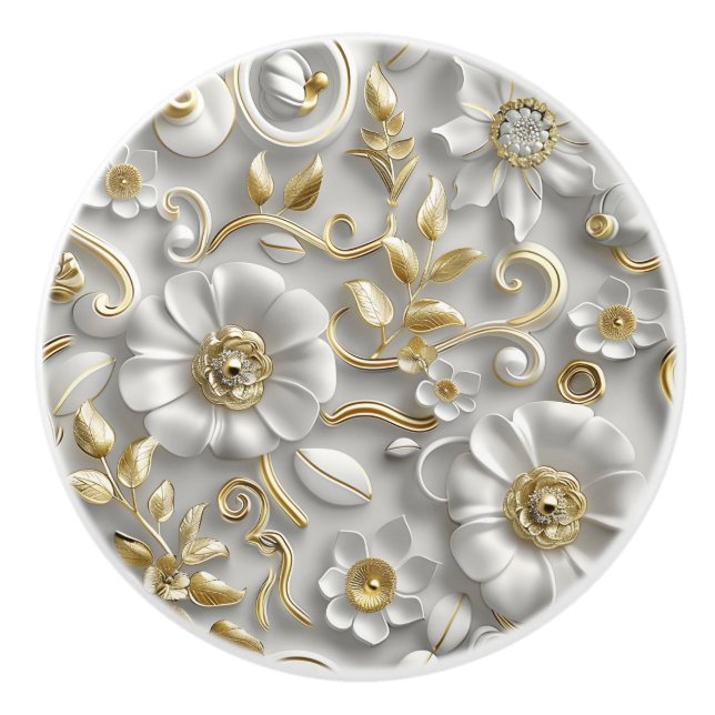 Bouton De Porte En Céramique White Gold Decorative 3D Floral Elegant  (Devant)