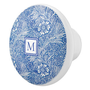 Bouton De Porte En Céramique William Morris Marigold Monogramme bleu